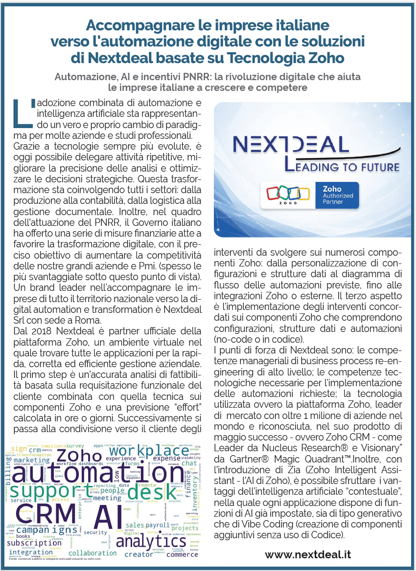 Digital Automation with Nextdeal Solutions Based on Zoho Technology: featured in today’s edition of *Affari&Finanza* in *La Repubblica*.